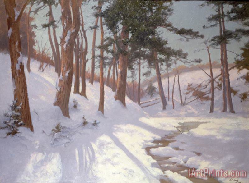 James MacLaren Winter woodland with a stream Art Print