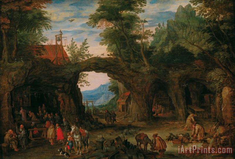 Jan Brueghel Rocky Landscape With A Mass Art Painting