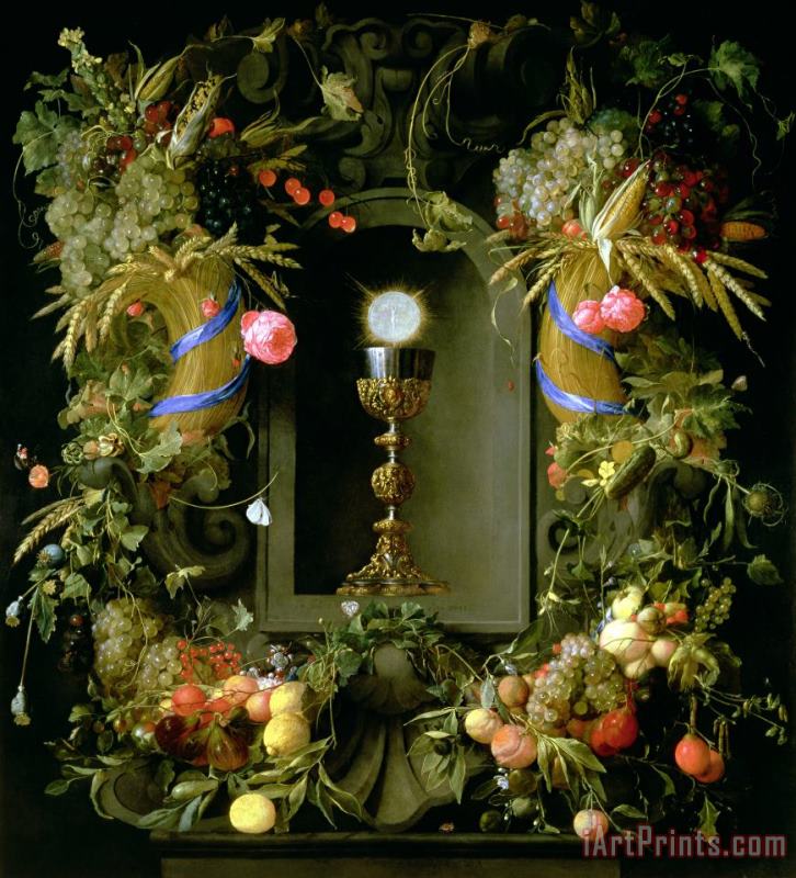 Communion cup and host encircled with a garland of fruit painting - Jan Davidsz de Heem Communion cup and host encircled with a garland of fruit Art Print