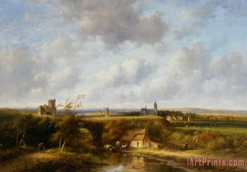 An Extensive Summer Landscape with Peasants by a Farm, a Village in The Distance painting - Jan Evert Morel An Extensive Summer Landscape with Peasants by a Farm, a Village in The Distance Art Print