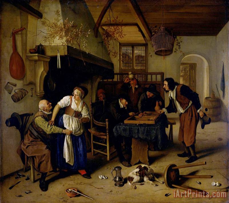 Jan Havicksz Steen Interior of an Inn with an Old Man Amusing Himself with The Landlady And Two Men Playing Backgammon, Known As 'two Kinds of Games' Art Print