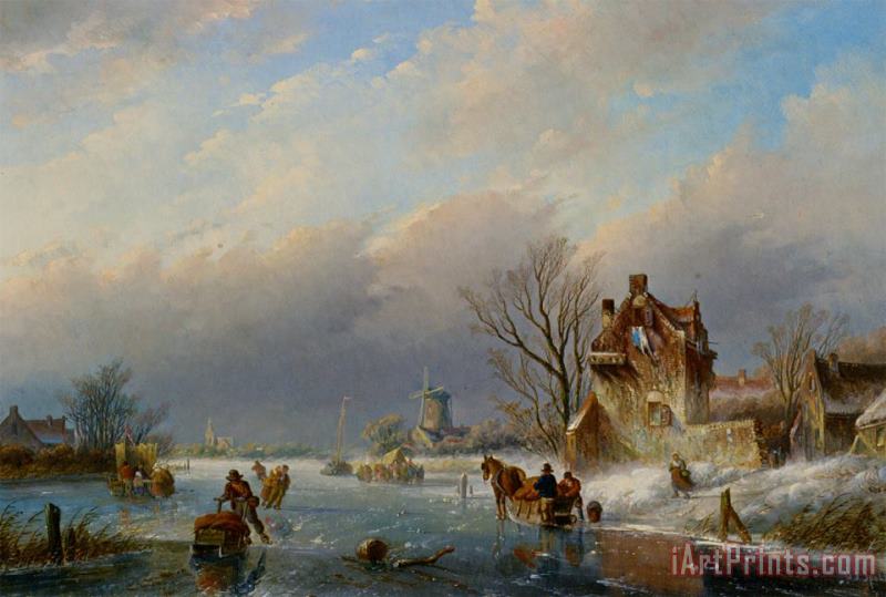 Jan Jacob Coenraad Spohler Figures on The Ice in a Winter Landscape Art Painting