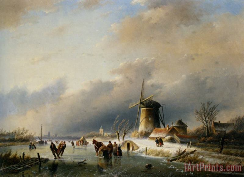 Figures Skating on a Frozen River painting - Jan Jacob Coenraad Spohler Figures Skating on a Frozen River Art Print