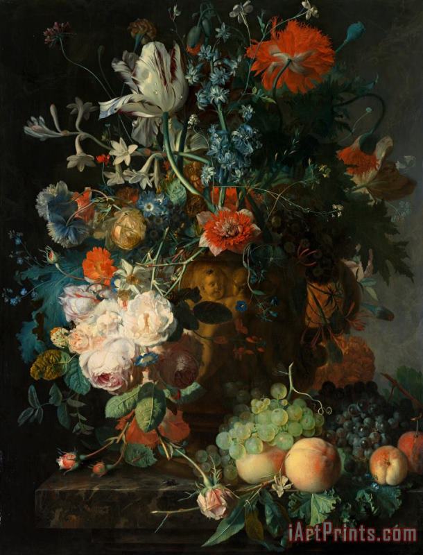 Jan van Huysum  Stilleven Met Bloemen En Vruchten Art Print