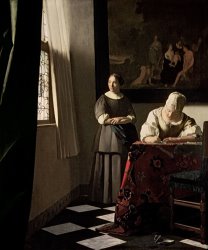Jan Vermeer Lady writing a letter with her Maid painting