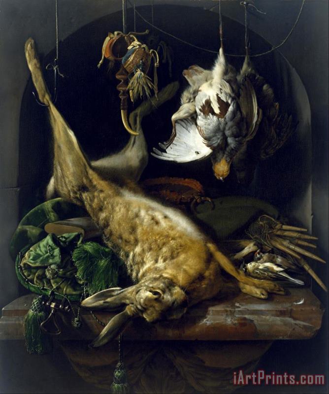 Still Life of a Dead Hare, Partridges, And Other Birds in a Niche painting - Jan Weenix Still Life of a Dead Hare, Partridges, And Other Birds in a Niche Art Print