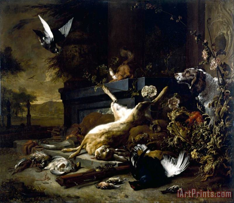Jan Weenix Still Life of Game Including a Hare, Black Grouse And Partridge, a Spaniel Looking on with a Pigeon Art Print