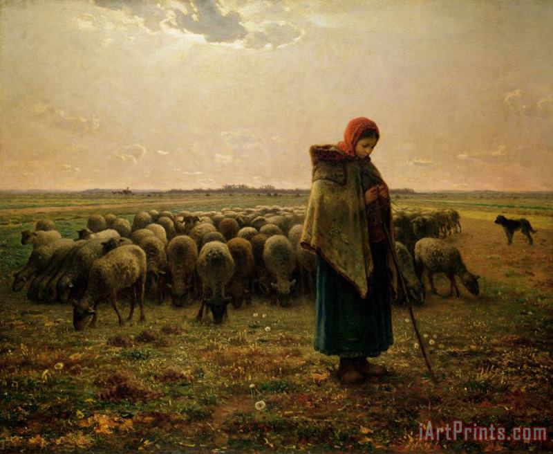 Shepherdess with her Flock painting - Jean-Francois Millet Shepherdess with her Flock Art Print