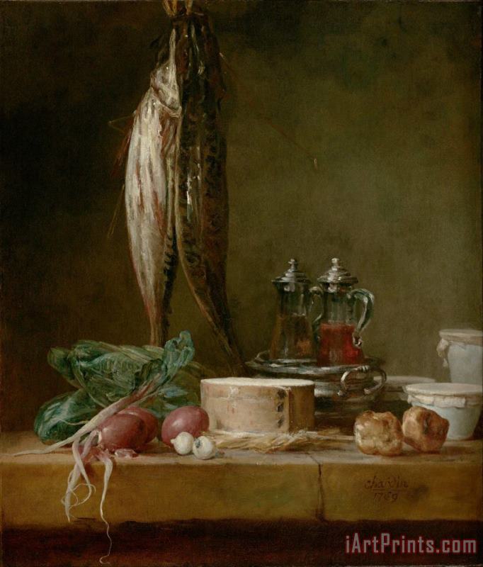 Still Life with Fish, Vegetables, Gougeres, Pots, And Cruets on a Table painting - Jean-Simeon Chardin Still Life with Fish, Vegetables, Gougeres, Pots, And Cruets on a Table Art Print