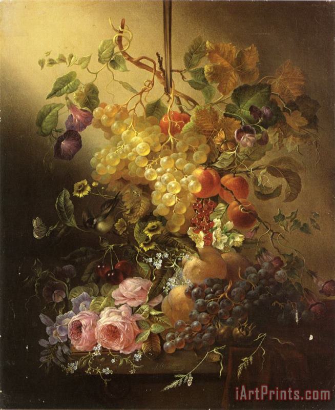 Jean Baptiste Robie Flowers, Fruit, a Bird, And Butterflies on a Table Art Print