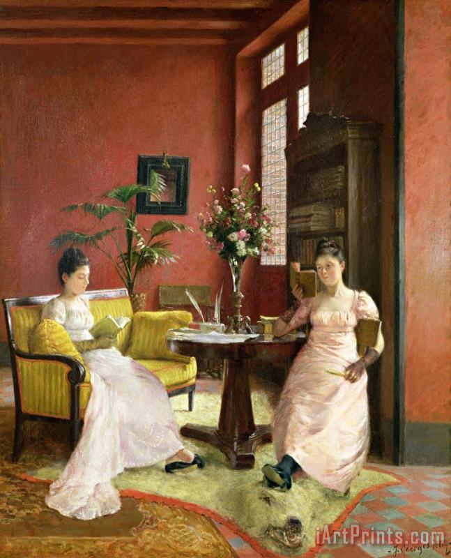Two Women Reading in an Interior painting - Jean Georges Ferry Two Women Reading in an Interior Art Print
