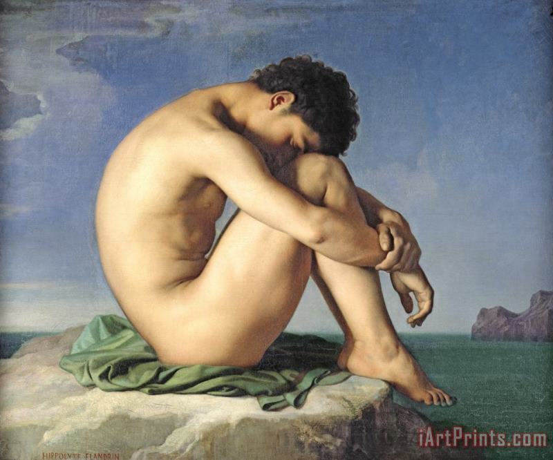 Naked Young Man Sitting by The Sea painting - Jean Hippolyte Flandrin Naked Young Man Sitting by The Sea Art Print