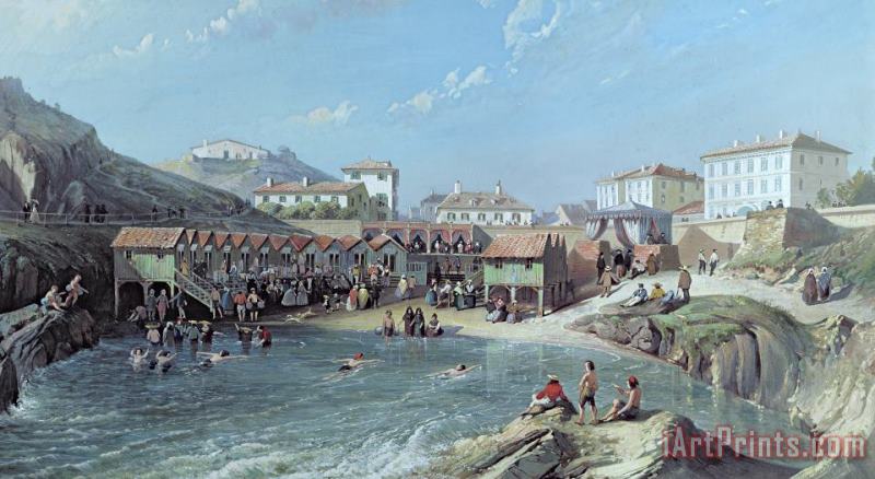 The Beginning Of Sea Swimming In The Old Port Of Biarritz painting - Jean Jacques Alban de Lesgallery The Beginning Of Sea Swimming In The Old Port Of Biarritz Art Print