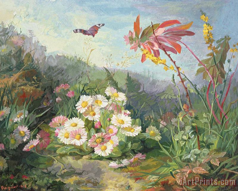 Wild Flowers And Butterfly painting - Jean Marie Reignier Wild Flowers And Butterfly Art Print