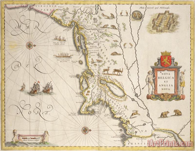 Joan Blaeu Antique Map of New Belgium and New England Art Painting