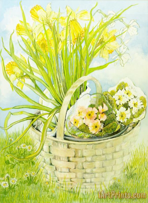 Joan Thewsey Daffodils And Primroses In A Basket Art Print