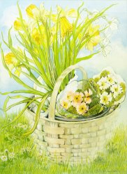 Joan Thewsey Daffodils And Primroses In A Basket