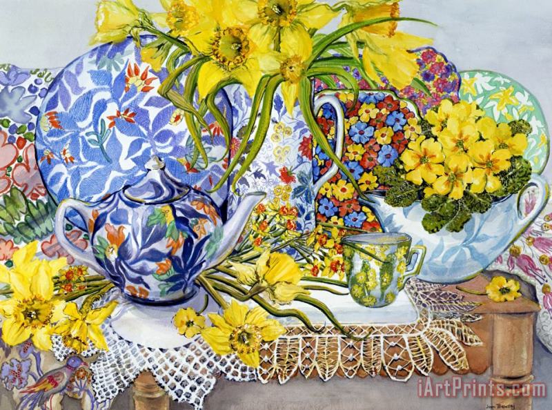Daffodils Antique Jugs Plates Textiles And Lace painting - Joan Thewsey Daffodils Antique Jugs Plates Textiles And Lace Art Print