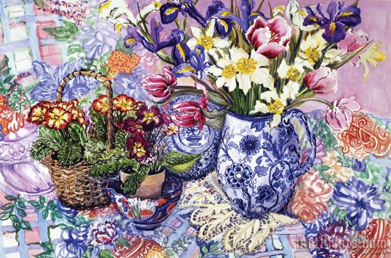 Daffodils Tulips And Iris In A Jacobean Blue And White Jug With Sanderson Fabric And Primroses painting - Joan Thewsey Daffodils Tulips And Iris In A Jacobean Blue And White Jug With Sanderson Fabric And Primroses Art Print