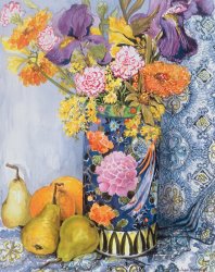 Joan Thewsey Iris And Pinks In A Japanese Vase With Pears