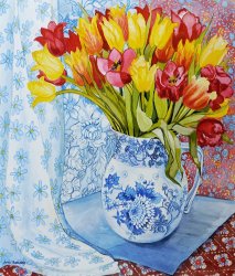 Joan Thewsey Red And Yellow Tulips In A Copeland Jug