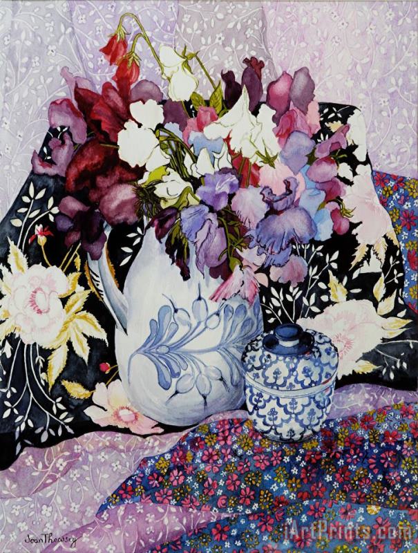 Sweet Peas In A Blue And White Jug With Blue And White Pot And Textiles painting - Joan Thewsey Sweet Peas In A Blue And White Jug With Blue And White Pot And Textiles Art Print