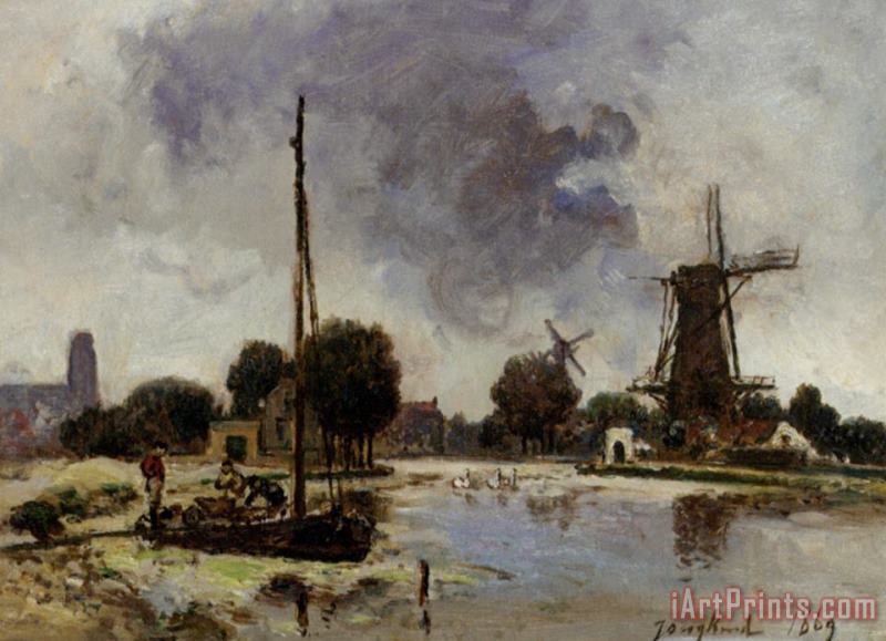 A Sailboat Moored on The Bank of a Stream painting - Johan Barthold Jongkind A Sailboat Moored on The Bank of a Stream Art Print