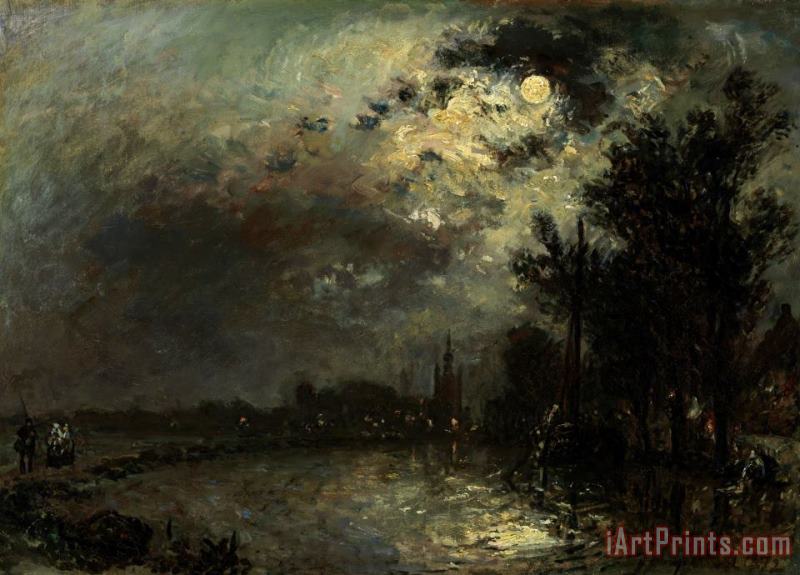 Johan Barthold Jongkind View on Overschie in Moonlight Art Painting