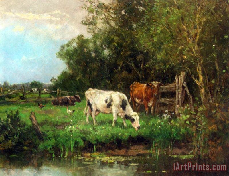 Johan Frederik Cornelis Scherrewitz Cows Watering in a Meadow Art Painting