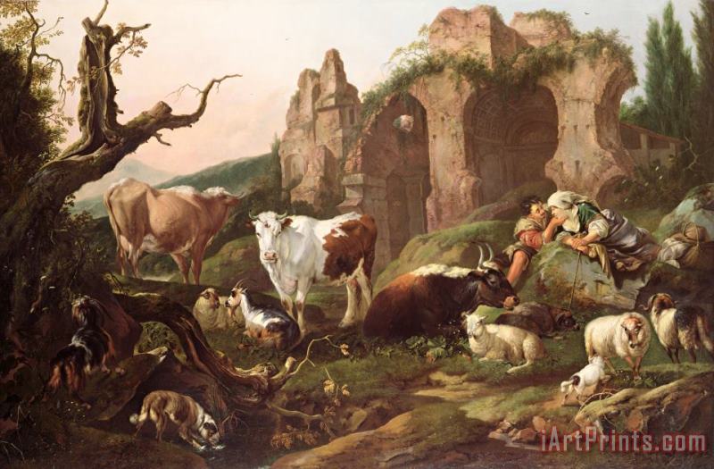 Farm animals in a landscape painting - Johann Heinrich Roos Farm animals in a landscape Art Print