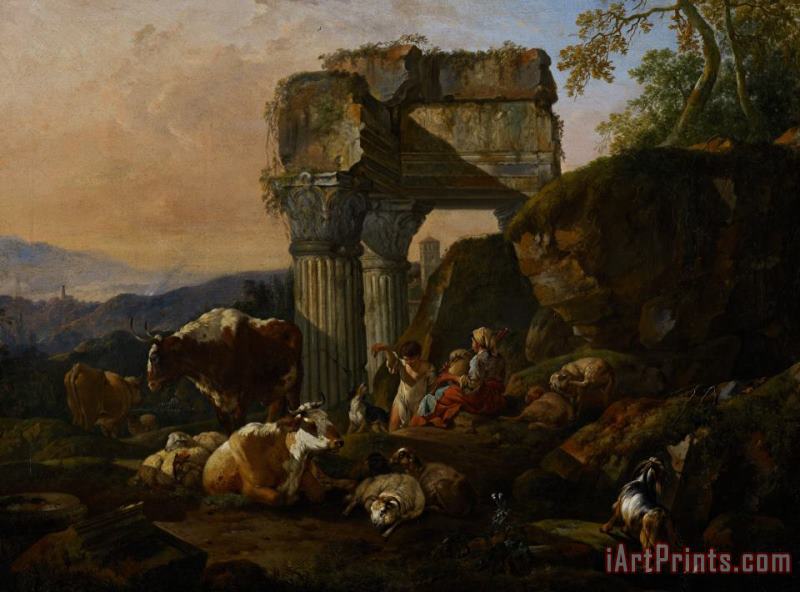 Roman Landscape With Cattle And Shepherds painting - Johann Heinrich Roos Roman Landscape With Cattle And Shepherds Art Print