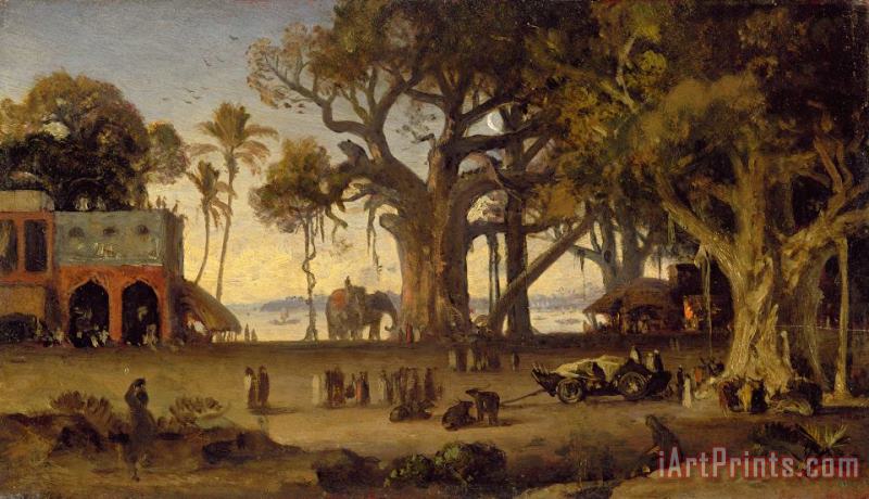 Moonlit Scene of Indian Figures and Elephants among Banyan Trees painting - Johann Zoffany Moonlit Scene of Indian Figures and Elephants among Banyan Trees Art Print