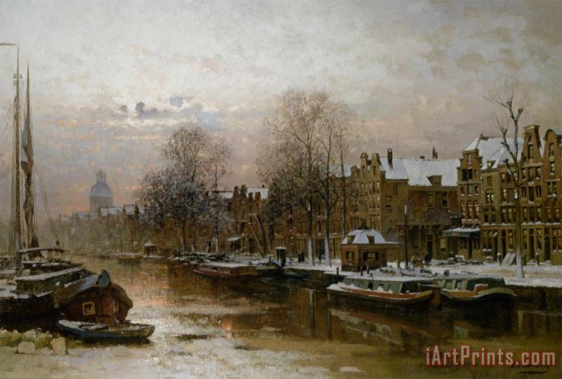 Johannes Christiaan Karel Klinkenberg Snow Covered Barges on The Singel Amsterdam Art Painting