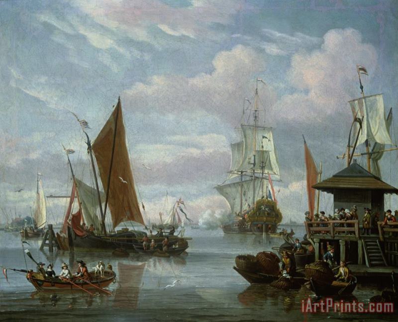 Johannes de Blaauw Estuary Scene with Boats and Fisherman Art Print