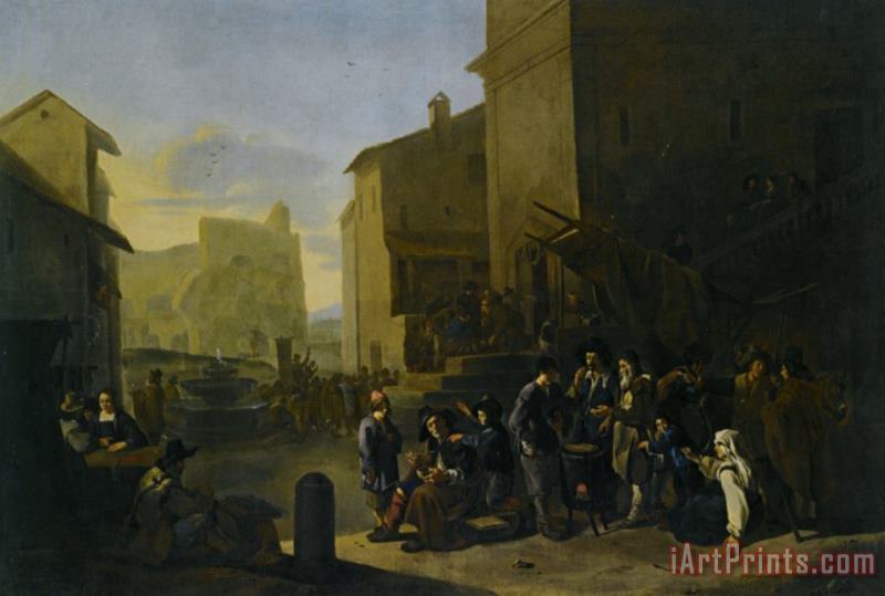Johannes Lingelbach A Roman Market Scene with Peasants Gathered Around a Stove Art Painting