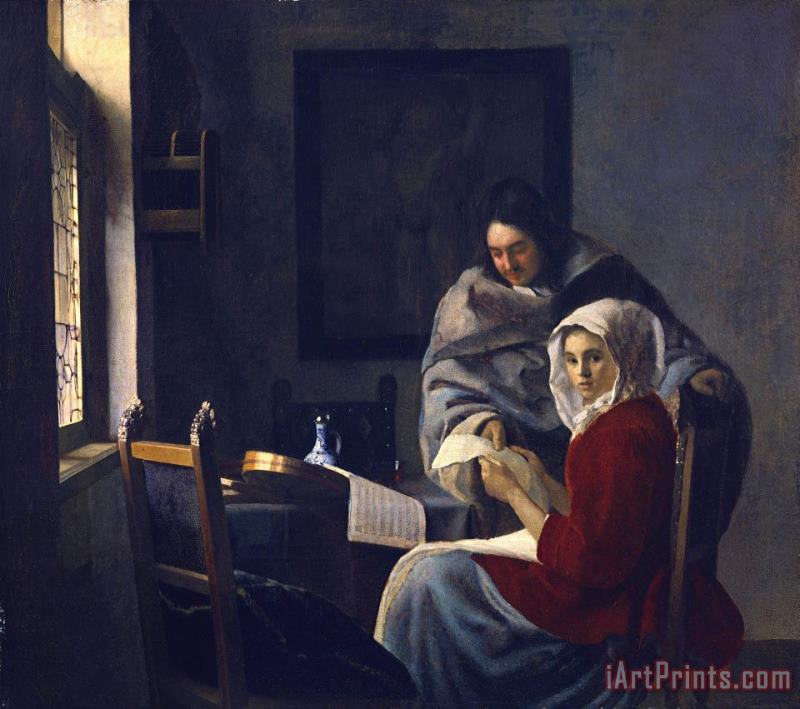 Girl Interrupted in Her Music painting - Johannes Vermeer Girl Interrupted in Her Music Art Print