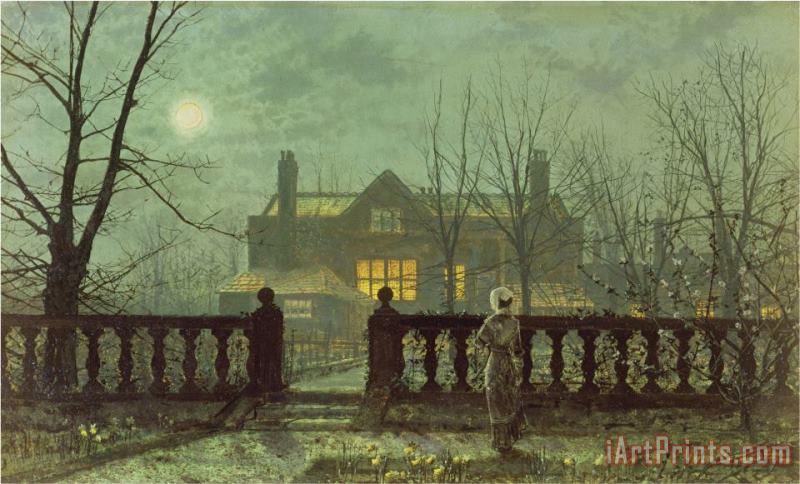 John Atkinson Grimshaw Garden in The Evening with View of an Illuminated House Art Print
