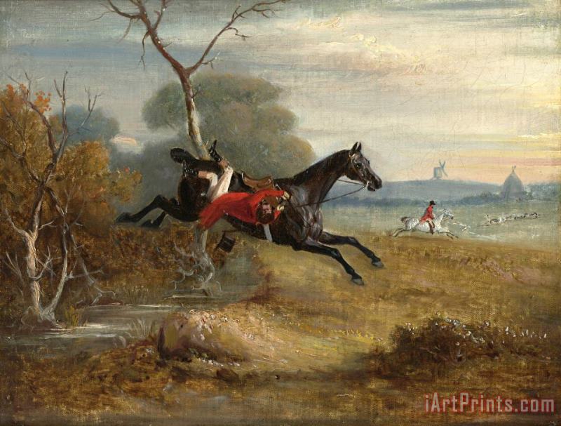 Count Sandor's Hunting Exploits in Leicestershire: No. 5: The Count on Brigliadora Is Displaced From His Saddle, But; Is Carried Hanging at His Bridle painting - John Ferneley Count Sandor's Hunting Exploits in Leicestershire: No. 5: The Count on Brigliadora Is Displaced From His Saddle, But; Is Carried Hanging at His Bridle Art Print
