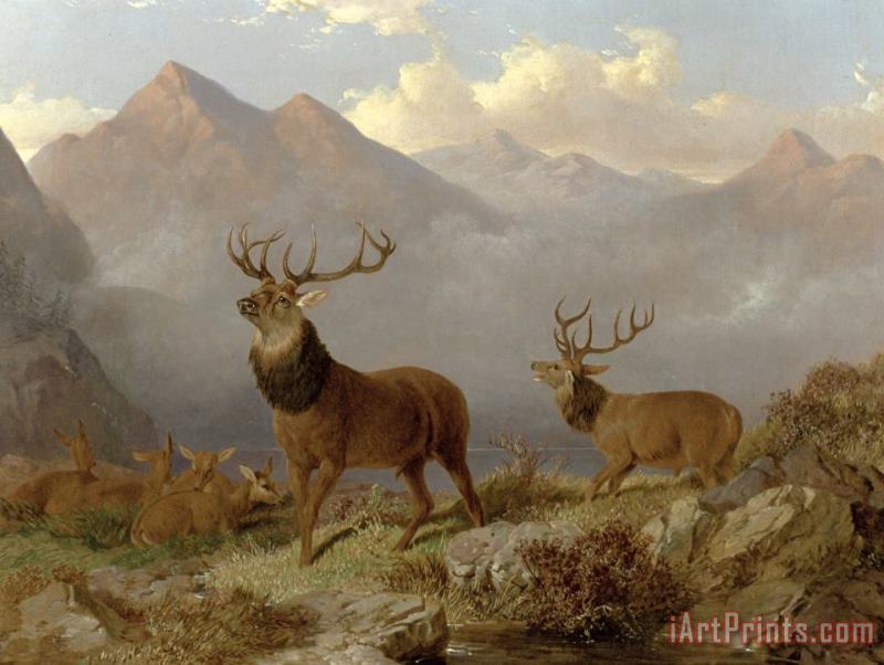 John Frederick Herring Jnr Stags And Hinds In A Highland Landscape Art Print