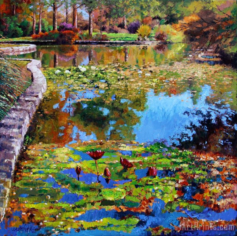 John Lautermilch Fall Leaves on Lily Pond Art Print