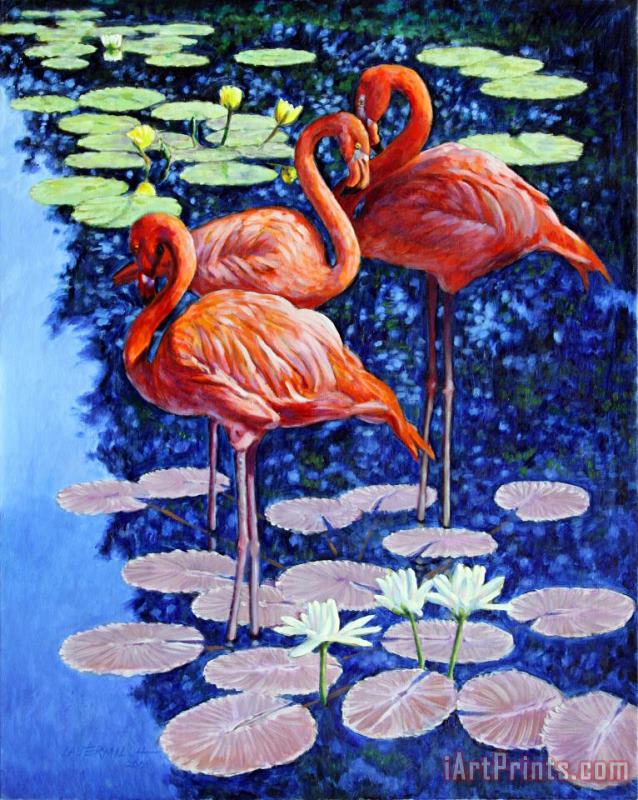 Three Flamingos in Lily Pond painting - John Lautermilch Three Flamingos in Lily Pond Art Print