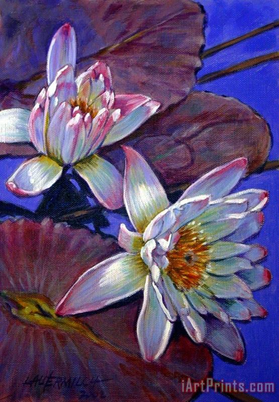 John Lautermilch Two Pink Water Lilies Art Painting