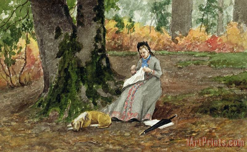 John M Tracy Woman Embroidering Under a Tree Art Print