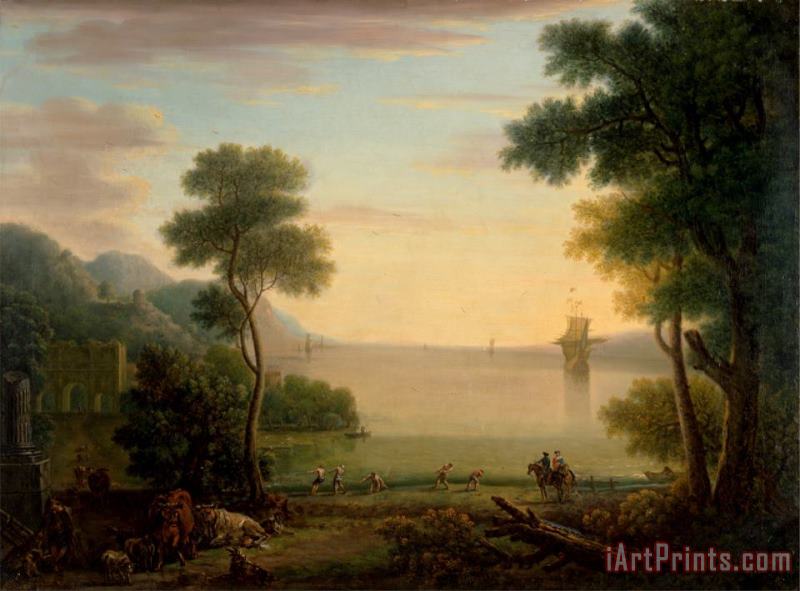 John Wootton Classical Landscape with Figures And Animals Sunset Art Print