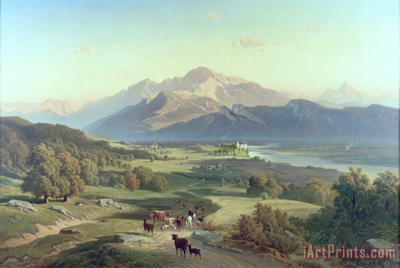 Josef Mayburger Drover on Horseback with his Cattle in a Mountainous Landscape with Schloss Anif Salzburg and beyond Art Painting