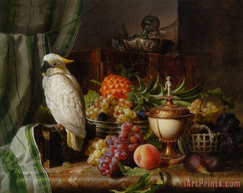 A Cockatoo Grapes Figs Plums a Pineapple And a Peach painting - Josef Schuster A Cockatoo Grapes Figs Plums a Pineapple And a Peach Art Print