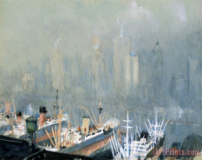 Joseph Pennell New York City Skyline From Brooklyn Harbor, Ships Docked in Foreground Art Painting