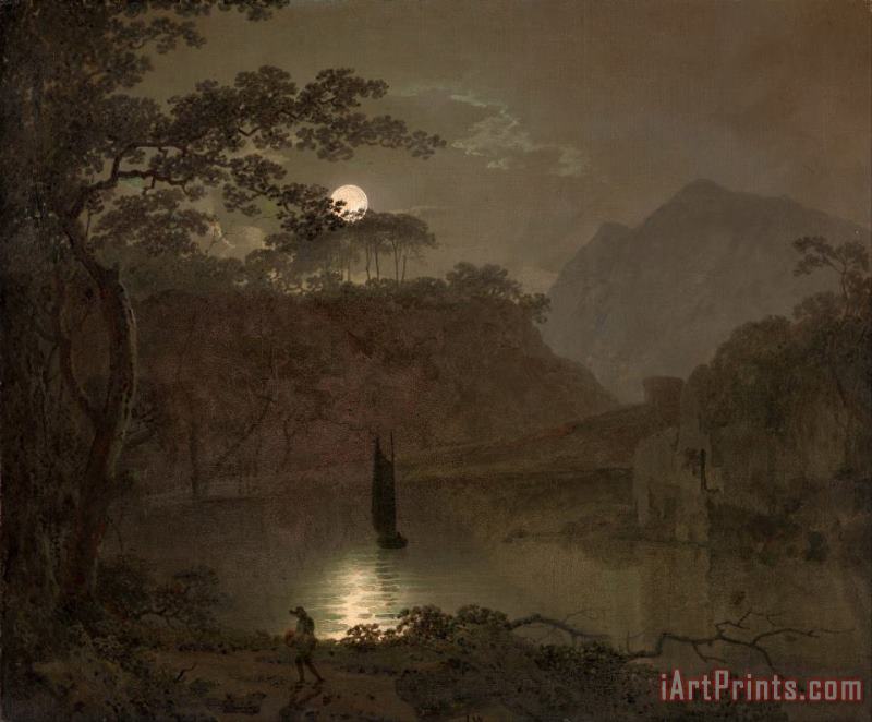 A Lake by Moonlight painting - Joseph Wright  A Lake by Moonlight Art Print