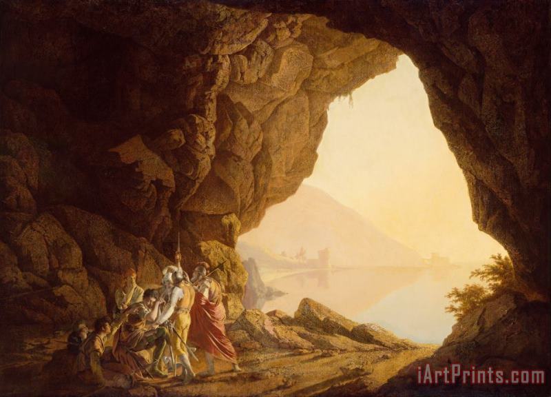 Grotto by The Seaside in The Kingdom of Naples with Banditti, Sunset painting - Joseph Wright  Grotto by The Seaside in The Kingdom of Naples with Banditti, Sunset Art Print