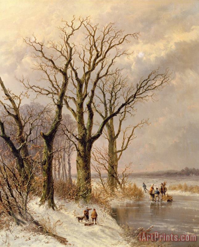 Josephus Gerardus Hans Winter landscape with faggot gatherers conversing on a frozen lake Art Print
